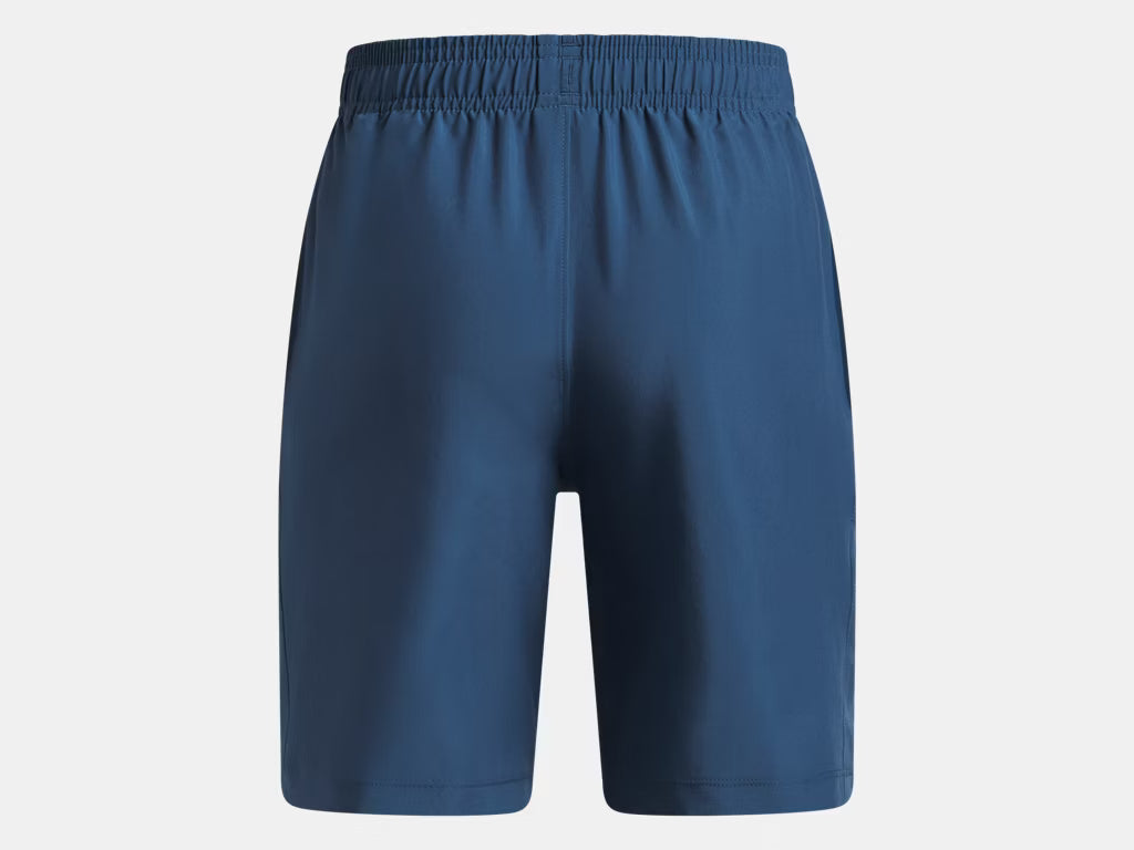 Short UA Woven - Under Armour short bleu marine en polyester léger et respirant, vue de face, ceinture élastique avec cordon