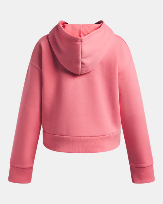 Hoodie UA Rival - Under Armour rose uni en molleton coton, coupe garçon, vue de dos avec capuche et poignets côtelés.
