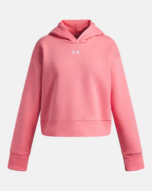 Hoodie UA Rival - Under Armour rose pour enfant, coton, style à capuche, vue de face sur fond gris clair.