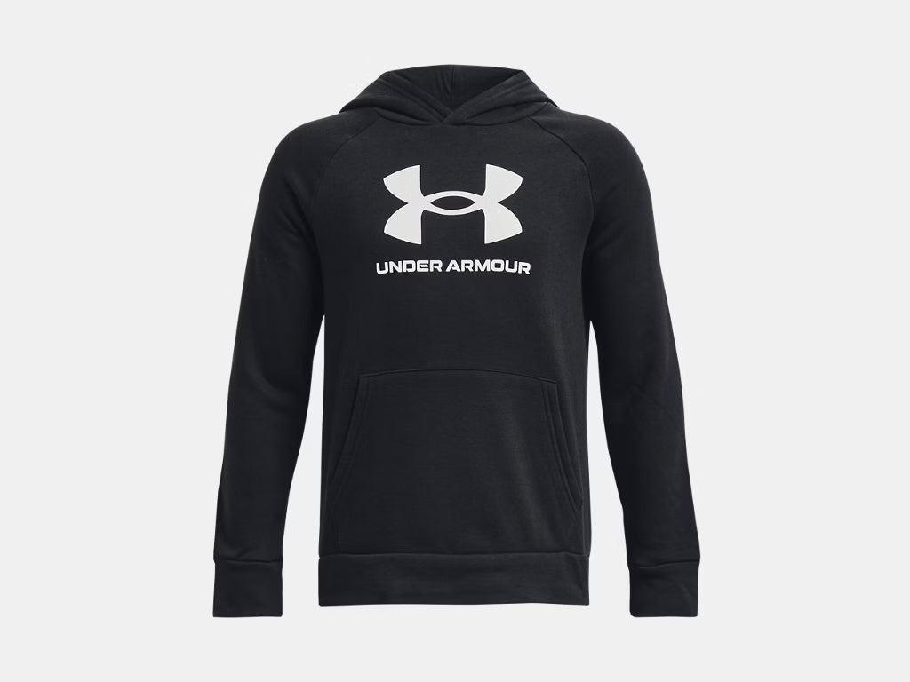 Hoodie UA Rival Fleece Big Logo - Under Armour noir en molleton coton doux, capuche, poche kangourou, vue de face, enfant garçon