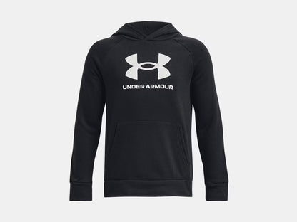 Hoodie UA Rival Fleece Big Logo - Under Armour noir en molleton coton doux, capuche, poche kangourou, vue de face, enfant garçon