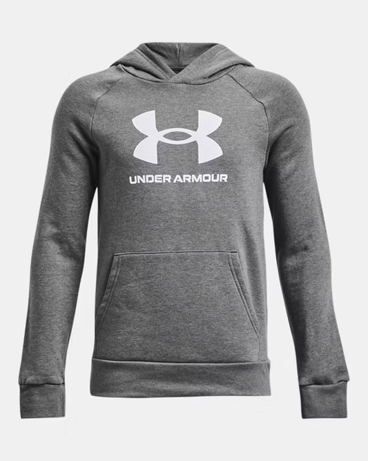 Hoodie UA Rival Fleece Big Logo - Under Armour gris pour enfant, molleton coton, poche kangourou, vue de face