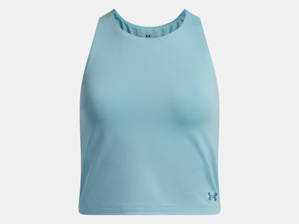Camisole de sport UA Motion - Under Armour bleu clair sans manches, tissu 88% polyester 12% élasthane, vue de face.