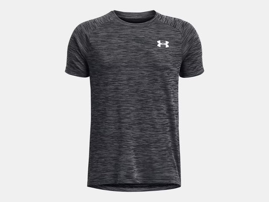 T-Shirt UA Tech™ - Under Armour gris foncé en polyester avec logo blanc, coupe sportive, vue de face, pour homme adulte.