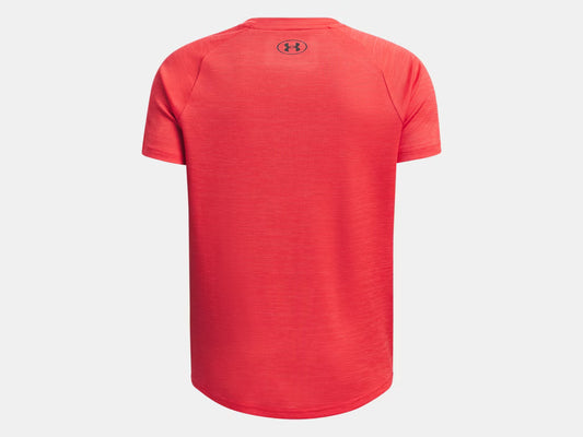 T-Shirt UA Tech™ - Under Armour rouge corail en polyester, vue de dos, manches courtes, tissu technique ultra-doux sèche rapidement