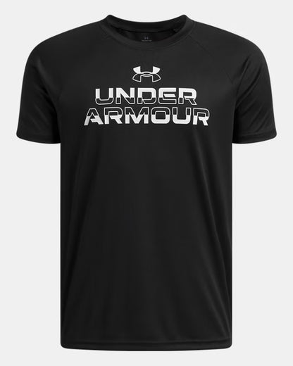 T-Shirt UA Tech™ Split Wordmark - Under Armour noir en polyester, col rond, logo blanc, vue de face, adulte homme.