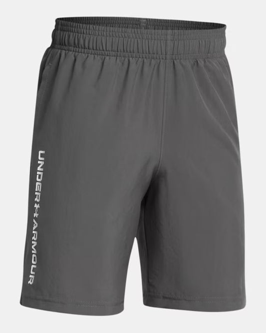 Short UA Tech™ Woven Wordmark - Under Armour short gris en polyester léger, taille élastique, vue de face.