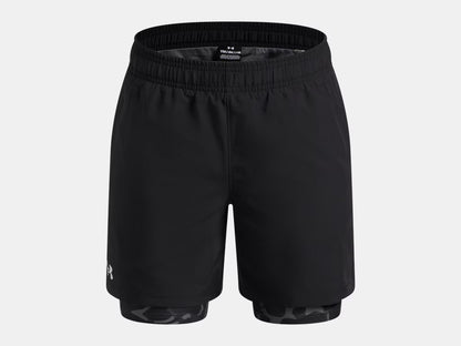 Short 2-en-1 UA Tech™ - Under Armour noir avec short intérieur imprimé camouflage gris, vue de face, textile léger respirant