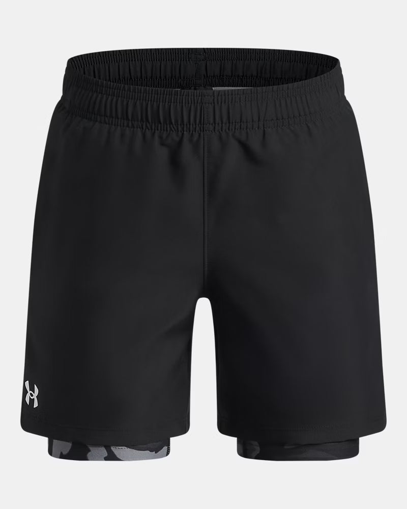 Short 2-en-1 UA Tech™ - Under Armour, short de sport noir avec couche intérieure camouflage gris et noir, vue de face.