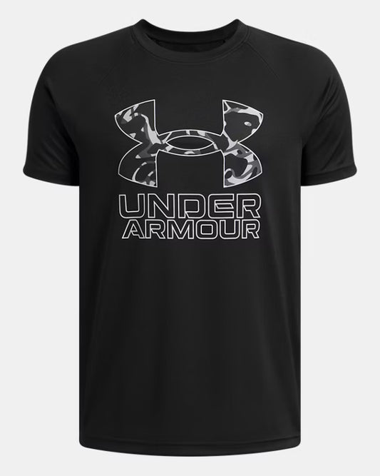 T-Shirt UA Tech™ - Under Armour noir avec logo camouflage gris, blanc et noir, 100% polyester, vue de face.