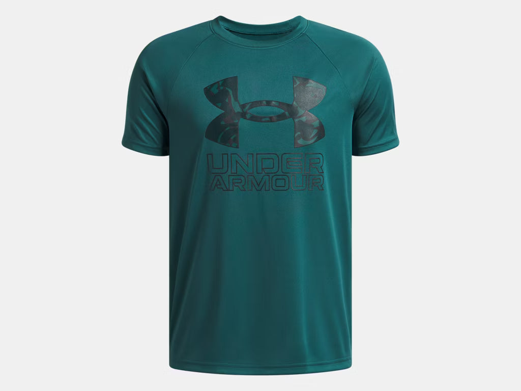 T-Shirt UA Tech™ - Under Armour vert émeraude en polyester, logo noir, style manches courtes, vue de face, pour homme adulte.