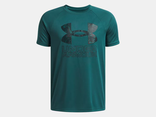 T-Shirt UA Tech™ - Under Armour vert émeraude en polyester, logo noir, style manches courtes, vue de face, pour homme adulte.