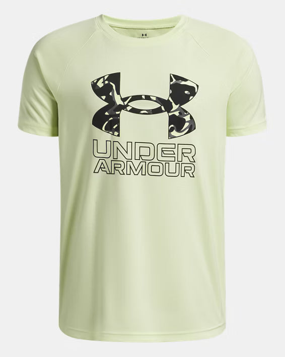 T-Shirt UA Tech™ Hybrid Print - Under Armour jaune pâle en polyester, logo noir camo devant, vue de face enfant garçon.