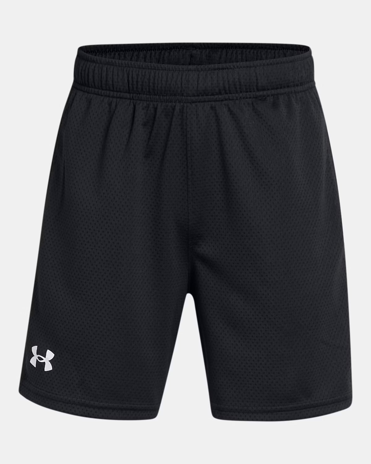 Short UA Tech Mesh - Under Armour, short noir en mesh technique, matière respirante, pour enfant, vue de face.