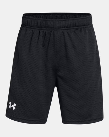 Short UA Tech Mesh - Under Armour, short noir en mesh technique, matière respirante, pour enfant, vue de face.