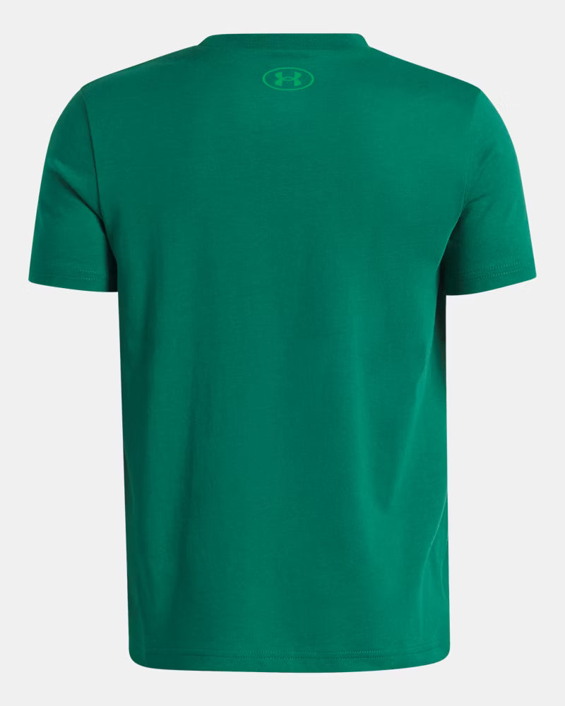 T-Shirt UA Boxed Sports - Under Armour vert uni en coton, vue de dos sur fond blanc, coupe décontractée manches courtes.