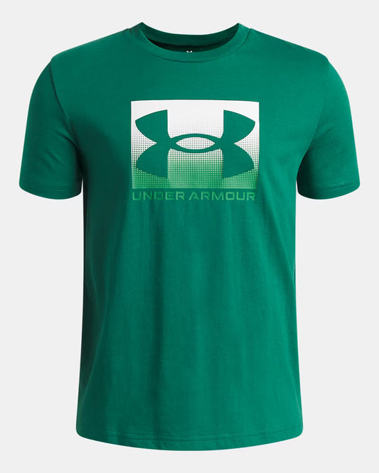 T-Shirt UA Boxed Sports - Under Armour vert avec logo blanc et vert dégradé, en coton, vue de face portée