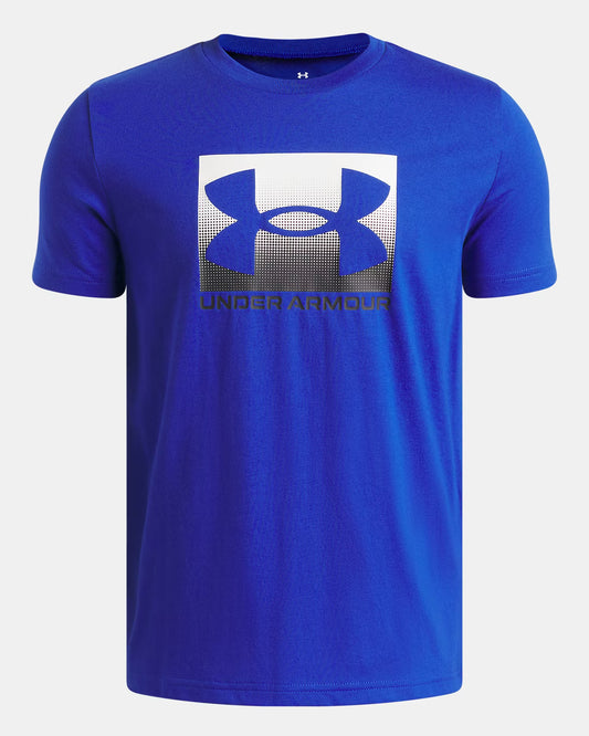 T-Shirt - Under Armour bleu avec grand logo en dégradé noir et blanc, col rond, manches courtes, vue de face.