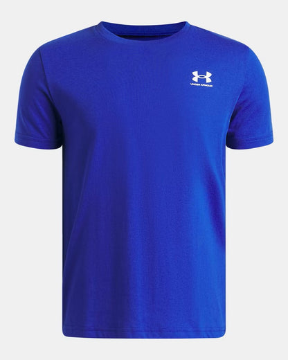 T-Shirt - Sportstyle Under Armour bleu roi uni avec petit logo blanc sur la poitrine, coupe droite, en coton, vue de face.