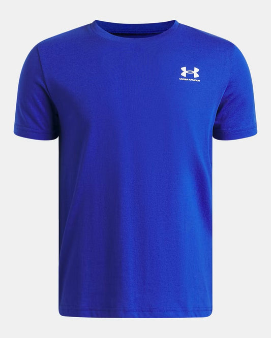 T-Shirt - Sportstyle Under Armour bleu roi uni avec petit logo blanc sur la poitrine, coupe droite, en coton, vue de face.