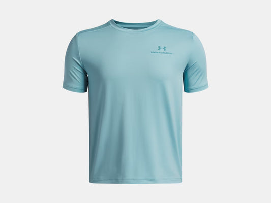 T-Shirt UA Tech™ - Under Armour bleu clair en polyester et élasthanne, coupe sportive, vue de face sur fond blanc