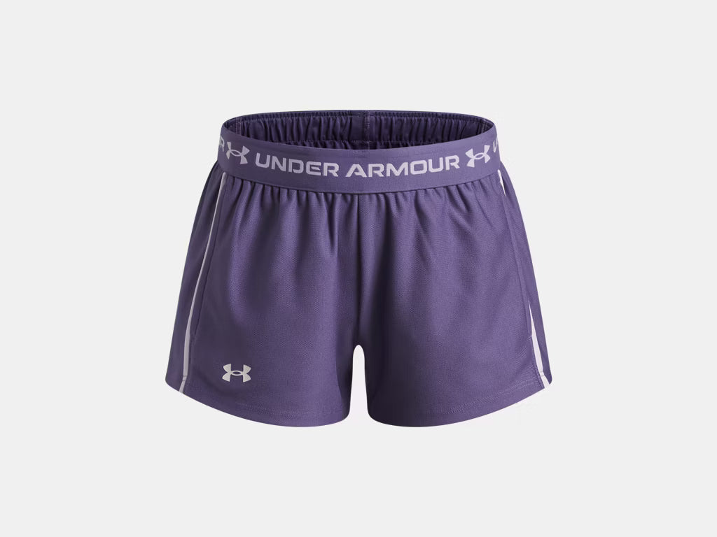 Short UA Tech™ Match - Under Armour violet en tricot léger avec ceinture élastique imprimée, vue de face, short sportif femme.
