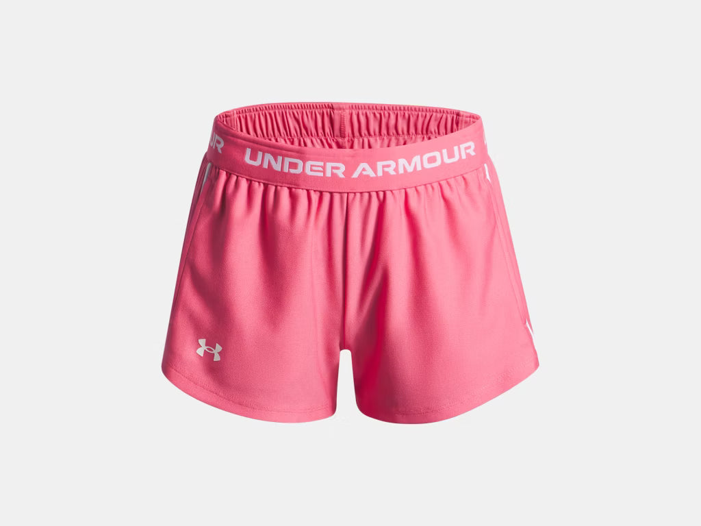 Short UA Tech™ Match - Under Armour short rose en tricot léger, taille mi-haute élastique, vue de face, pour enfant fille.