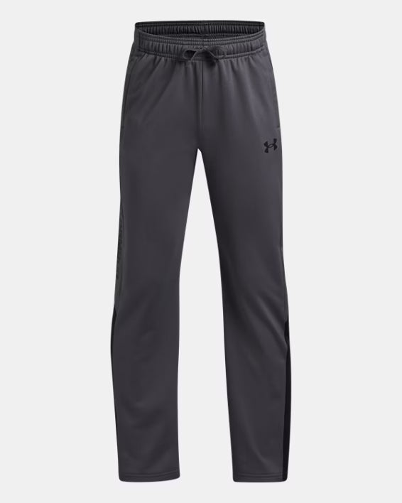 Pantalon UA Brawler 3.0 Tapered - Under Armour gris et noir en tricot lisse, taille élastique avec cordon, pour garçon, vue de face.