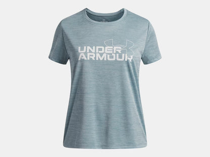 T-Shirt UA Tech™ Twist Wordmark Logo - Under Armour bleu gris à manches courtes en tissu technique, vue de face.