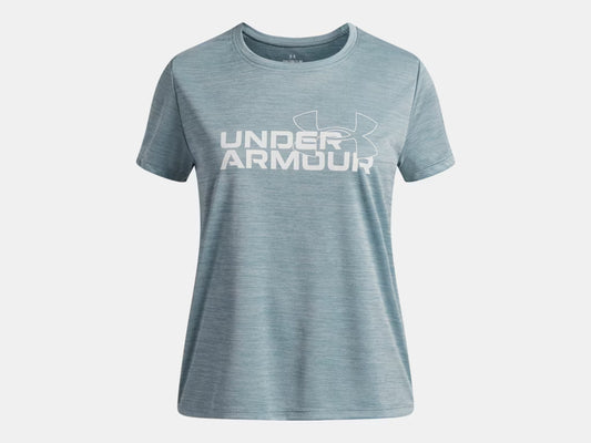 T-Shirt UA Tech™ Twist Wordmark Logo - Under Armour bleu gris à manches courtes en tissu technique, vue de face.