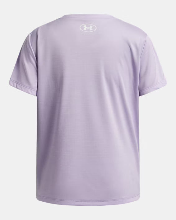 T-Shirt UA Tech™ Twist Wordmark Logo - Under Armour violet clair en polyester, dos avec logo rond blanc, style décontracté, vue de dos.