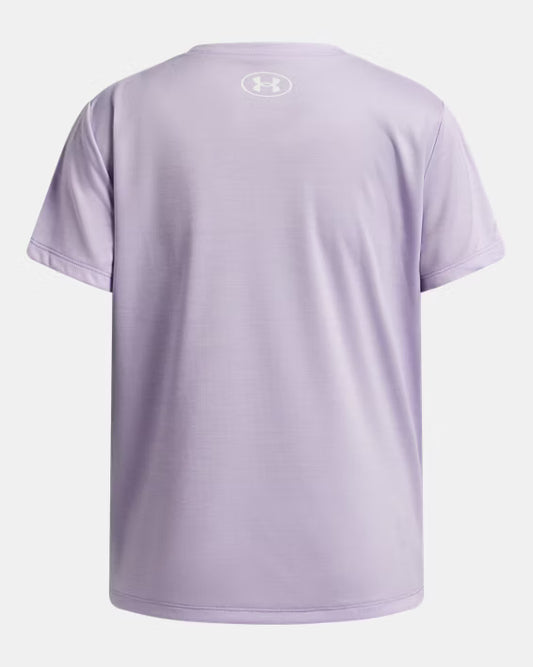 T-Shirt UA Tech™ Twist Wordmark Logo - Under Armour violet clair en polyester, dos avec logo rond blanc, style décontracté, vue de dos.