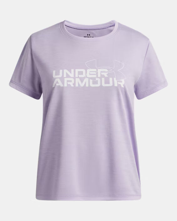 T-Shirt UA Tech™ Twist Wordmark Logo - Under Armour lavande avec logo blanc, manches courtes, col rond, vue de face, tissu technique léger