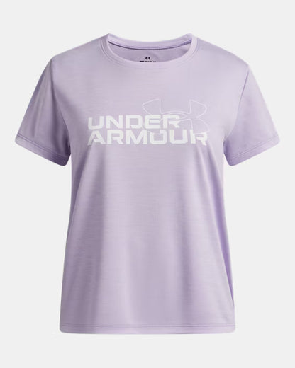 T-Shirt UA Tech™ Twist Wordmark Logo - Under Armour lavande avec logo blanc, manches courtes, col rond, vue de face, tissu technique léger