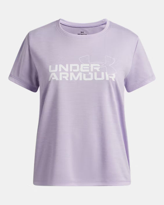 T-Shirt UA Tech™ Twist Wordmark Logo - Under Armour lavande avec logo blanc, manches courtes, col rond, vue de face, tissu technique léger
