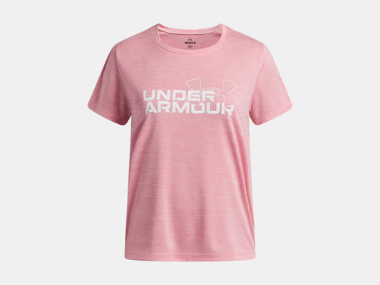 T-Shirt UA Tech™ - Under Armour rose clair en polyester, col rond, manches courtes, vue de face, pour enfant garçon ou fille