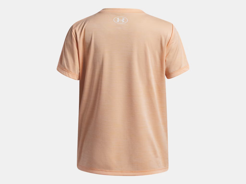 T-Shirt UA Tech™ Twist Wordmark Logo - Under Armour pêche clair, en tissu technique léger, vue de dos, taille enfant.
