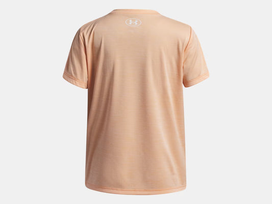 T-Shirt UA Tech™ Twist Wordmark Logo - Under Armour pêche clair, en tissu technique léger, vue de dos, taille enfant.