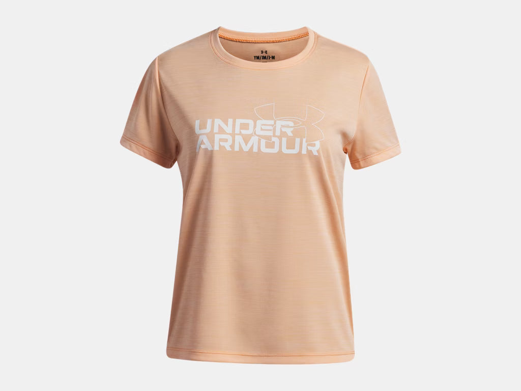 T-Shirt UA Tech™ Twist Wordmark Logo - Under Armour rose clair avec logo blanc, en coton, vue de face, pour femme adulte.