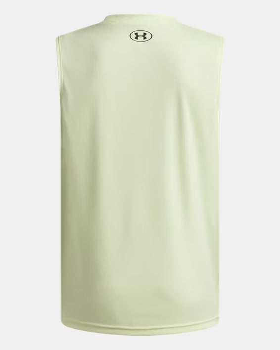 Camisole UA Tech™ Hybrid Print - Under Armour jaune clair en matériau technique, vue de dos sans manche sportive.