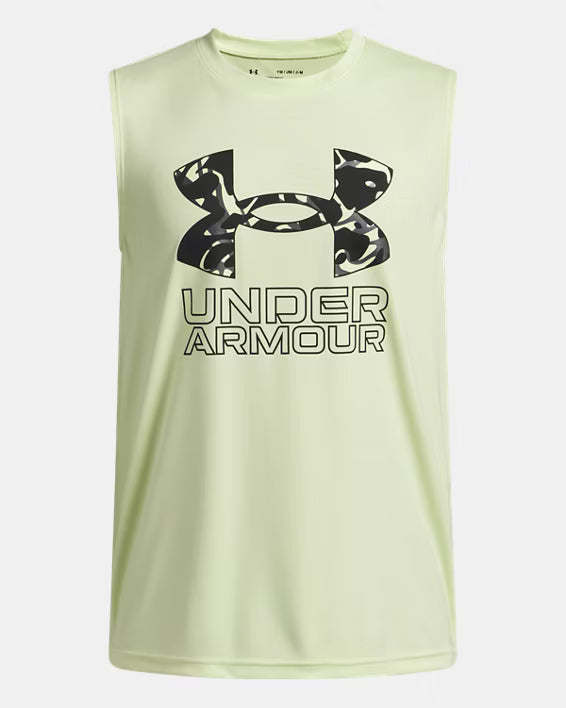 Camisole UA Tech™ Hybrid Print - Under Armour beige clair avec logo camouflage noir et blanc, vue de face, matériau technique.