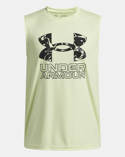 Camisole UA Tech™ Hybrid Print - Under Armour beige clair avec logo camouflage noir et blanc, vue de face, matériau technique.