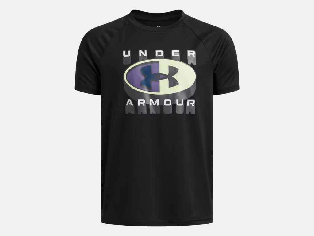 T-Shirt - Under Armour noir en tissu technique, logo gris et violet devant, coupe sportive, vue de face.