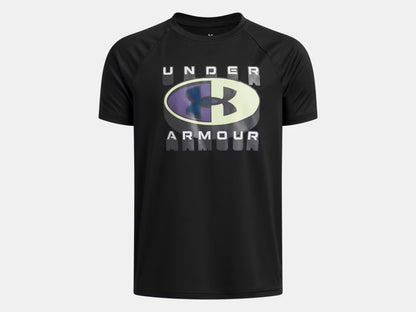 T-Shirt - Under Armour noir en tissu technique, logo gris et violet devant, coupe sportive, vue de face.