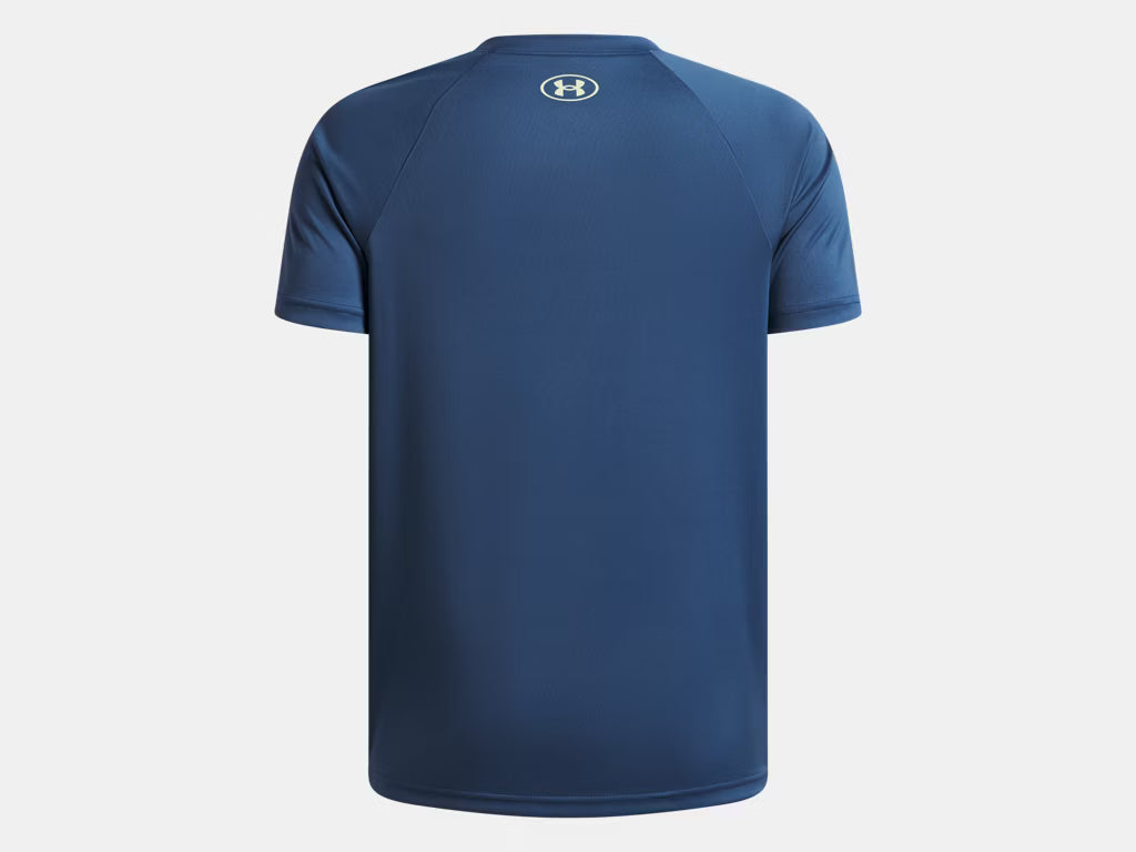 T-Shirt - Under Armour bleu marine en tissu technique respirant, pour homme, vue de dos avec logo blanc au col