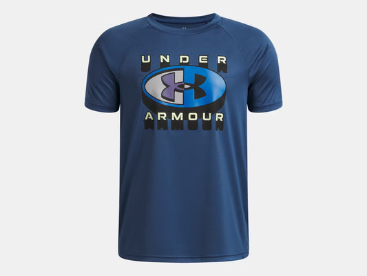 T-Shirt - Under Armour bleu marine à manches courtes avec logo imprimé sur le devant, vue de face, tissu technique.