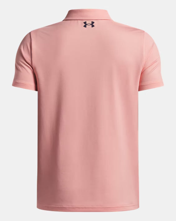 Polo UA Matchplay - Under Armour rose poudre en tissu extensible, vue de dos, taille adulte homme, logo noir au col