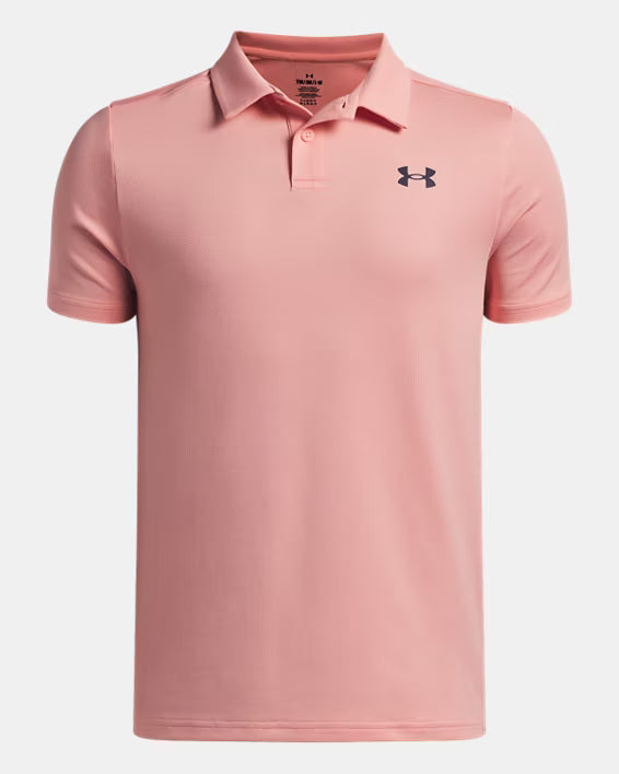 Polo UA Matchplay - Under Armour rose clair en matériau extensible, logo noir, coupe droite, vue de face homme adulte.