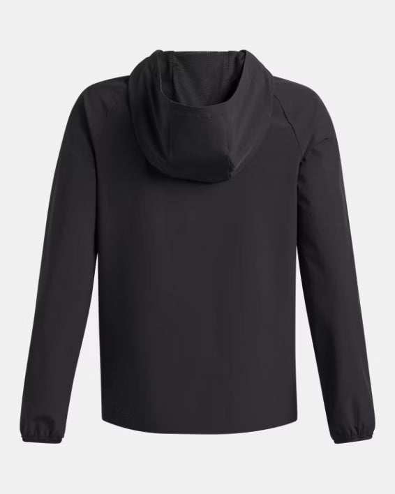 Manteau Coupe-Vent UA Vibe Woven - Under Armour vue arrière portrait avec capuche, tissu léger et extensible dimensions 566x708