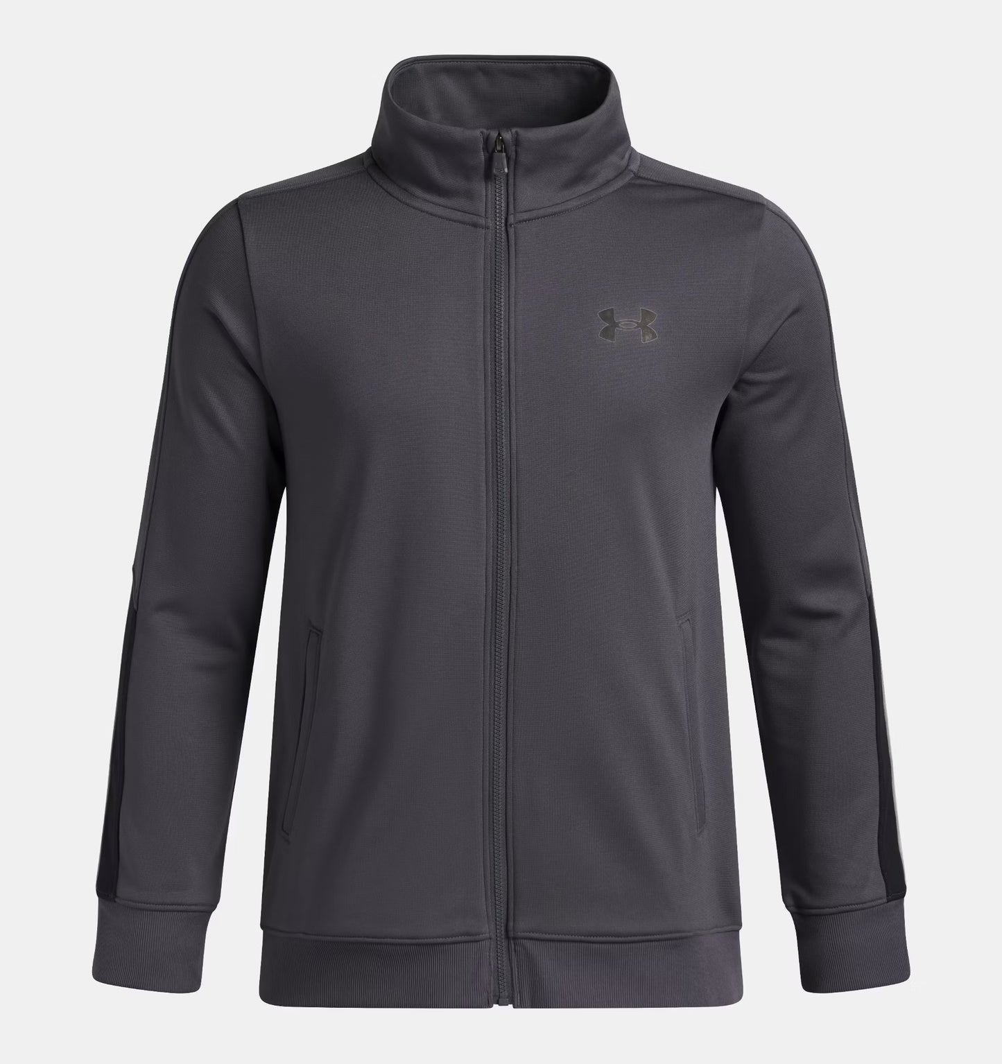 Veste - Under Armour grise foncée à zip intégral avec col montant, manches longues, vue de face, style sport pour enfant.